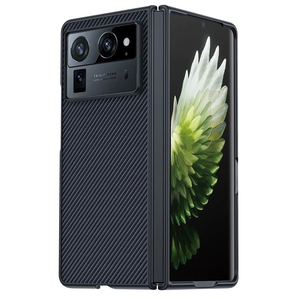 For TECNO Phantom V Fold2 Case Carbon Fiber Texture Leather + PC Anti-Drop Folding Phone Cover - Black - 1