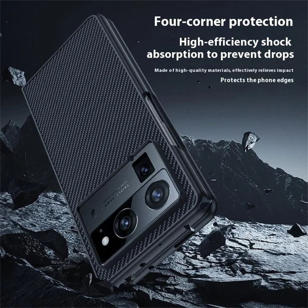 For TECNO Phantom V Fold2 Case Carbon Fiber Texture Leather + PC Anti-Drop Folding Phone Cover - Black - 6