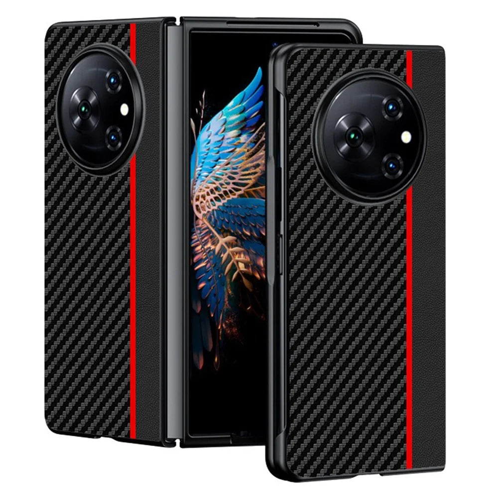 For TECNO Phantom V Fold Case Carbon Fiber Texture Leather + PC Anti-Drop Folding Phone Cover - Black / Red - 1