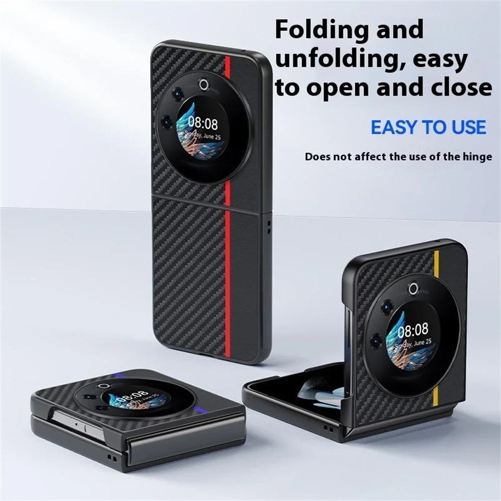 For TECNO Phantom V Flip Case Carbon Fiber Texture Leather + PC Anti-Drop Folding Phone Cover - Black  /  Red - 2