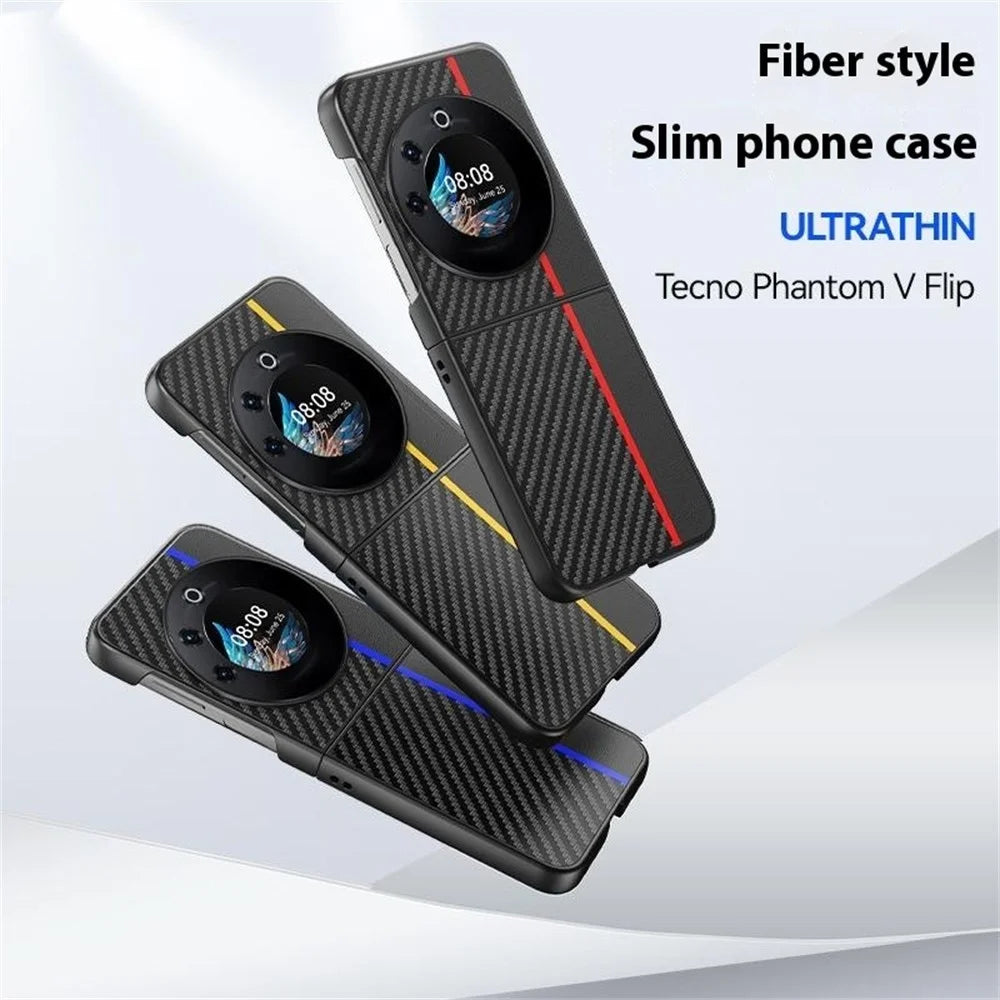 For TECNO Phantom V Flip Case Carbon Fiber Texture Leather + PC Anti-Drop Folding Phone Cover - Black  /  Red - 5
