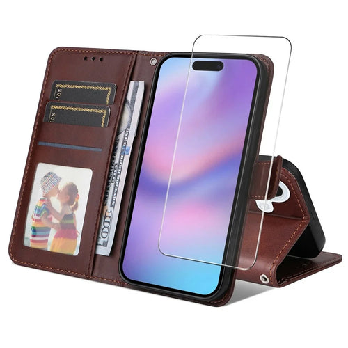 ENKAY HAT PRINCE For iPhone 17 Wallet Case Calf Texture Leather Phone Stand Cover with Thick Adhesive Screen Film  /  Strap - Brown - 1