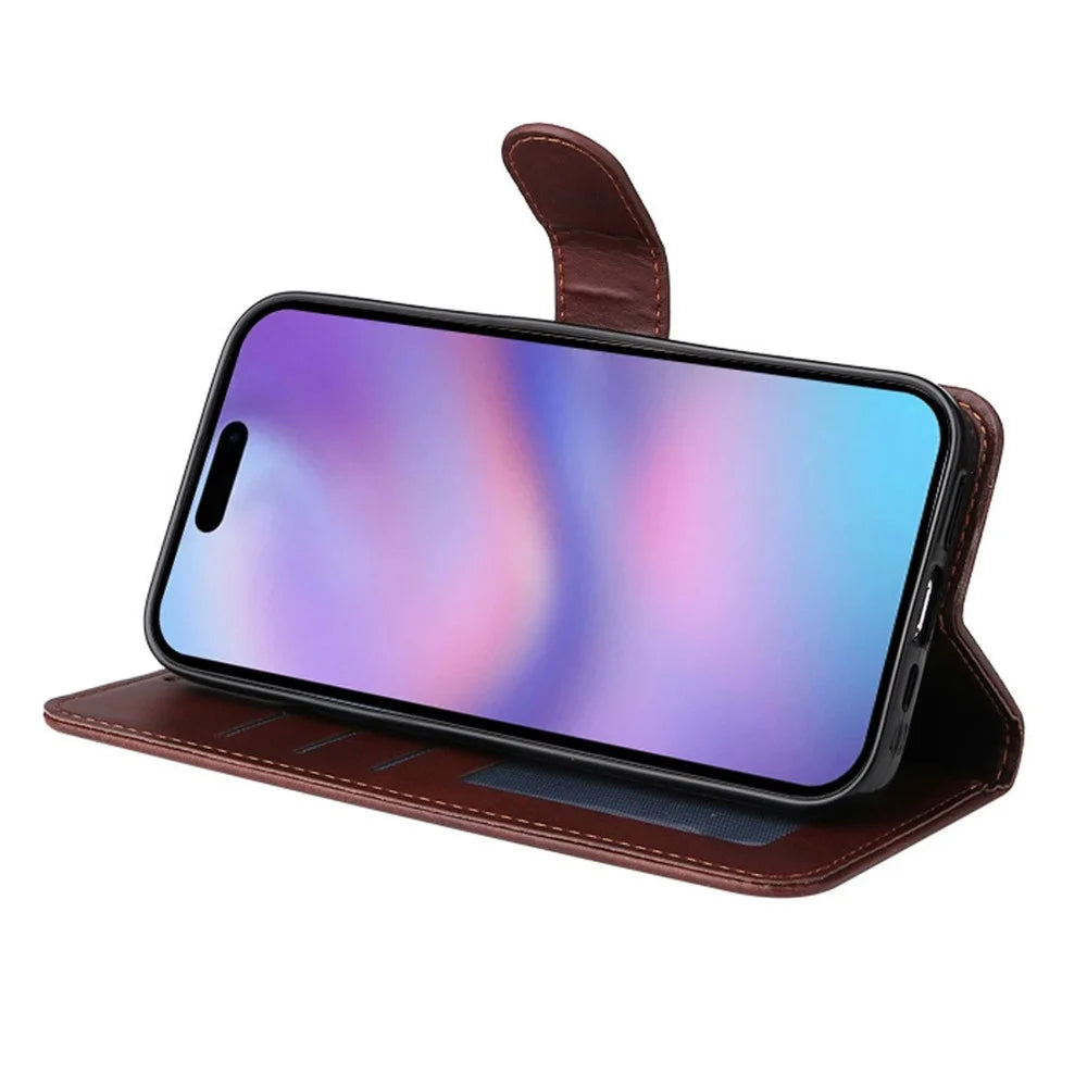 ENKAY HAT PRINCE For iPhone 17 Wallet Case Calf Texture Leather Phone Stand Cover with Thick Adhesive Screen Film  /  Strap - Brown - 4