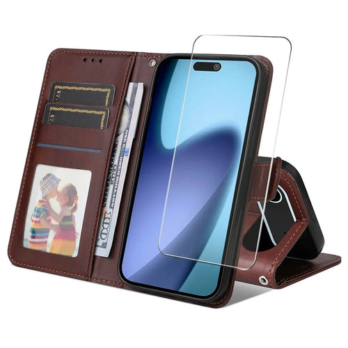 ENKAY HAT PRINCE For iPhone Air Wallet Case Calf Texture Leather Phone Stand Cover with Thick Adhesive Screen Film  /  Strap - Brown - 1