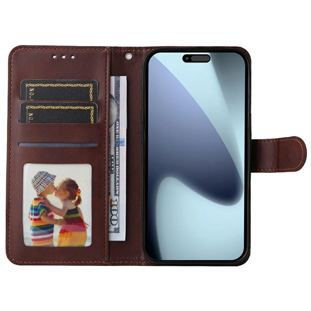 ENKAY HAT PRINCE For iPhone 17 Pro Wallet Case Calf Texture Leather Phone Stand Cover with Thick Adhesive Screen Film  /  Strap - Brown - 3
