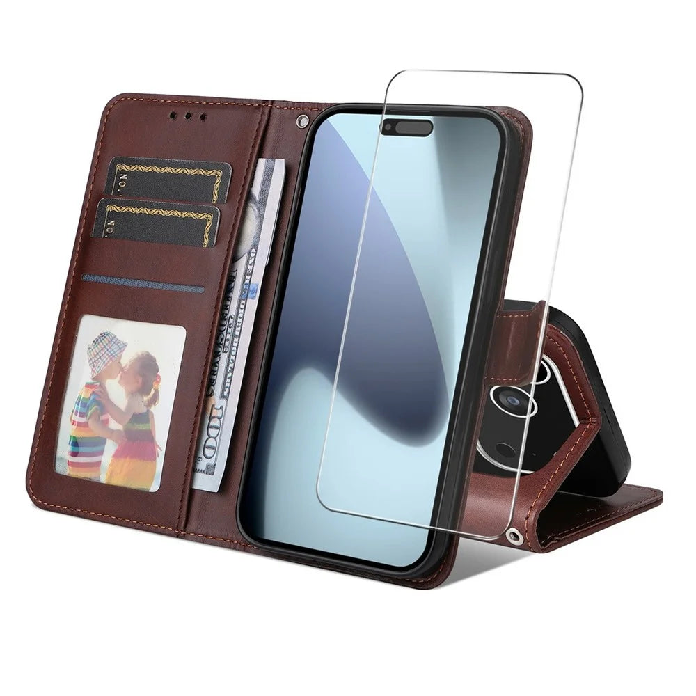 ENKAY HAT PRINCE For iPhone 17 Pro Max Wallet Case Calf Texture Leather Phone Stand Cover with Thick Adhesive Screen Film  /  Strap - Brown - 1