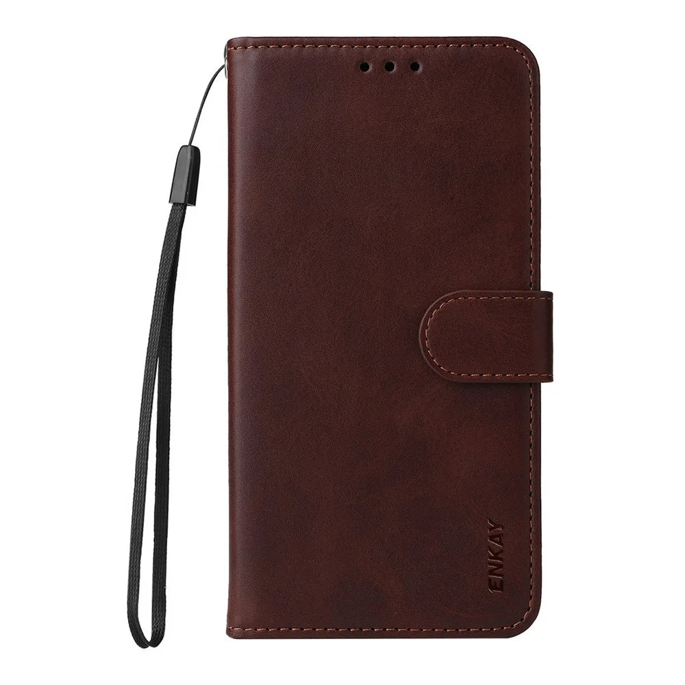 ENKAY HAT PRINCE For iPhone 17 Pro Max Wallet Case Calf Texture Leather Phone Stand Cover with Thick Adhesive Screen Film  /  Strap - Brown - 2