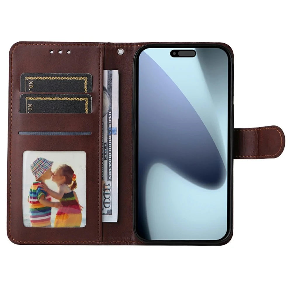 ENKAY HAT PRINCE For iPhone 17 Pro Max Wallet Case Calf Texture Leather Phone Stand Cover with Thick Adhesive Screen Film  /  Strap - Brown - 3