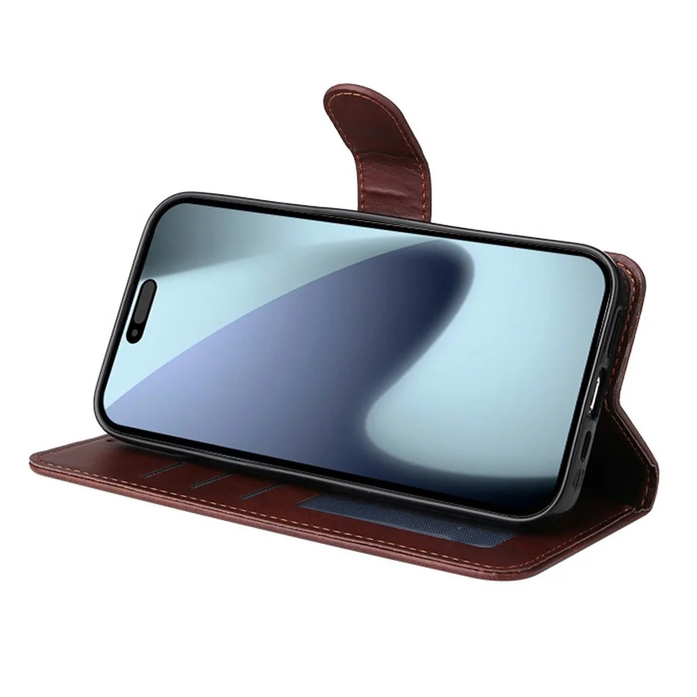 ENKAY HAT PRINCE For iPhone 17 Pro Max Wallet Case Calf Texture Leather Phone Stand Cover with Thick Adhesive Screen Film  /  Strap - Brown - 4