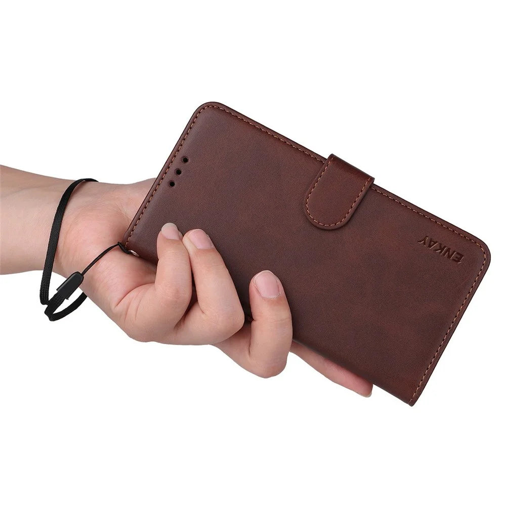 ENKAY HAT PRINCE For iPhone 17 Pro Max Wallet Case Calf Texture Leather Phone Stand Cover with Thick Adhesive Screen Film  /  Strap - Brown - 5
