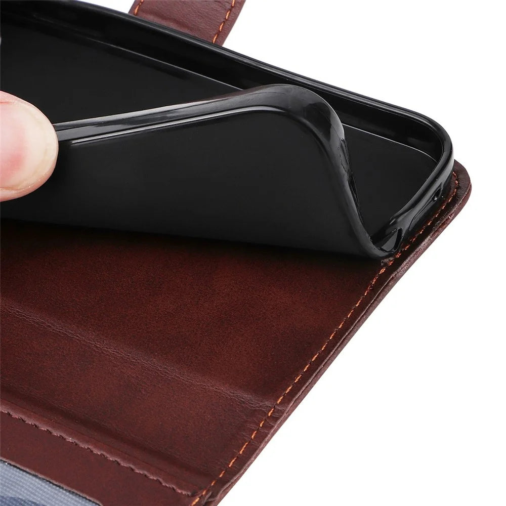 ENKAY HAT PRINCE For iPhone 17 Pro Max Wallet Case Calf Texture Leather Phone Stand Cover with Thick Adhesive Screen Film  /  Strap - Brown - 6