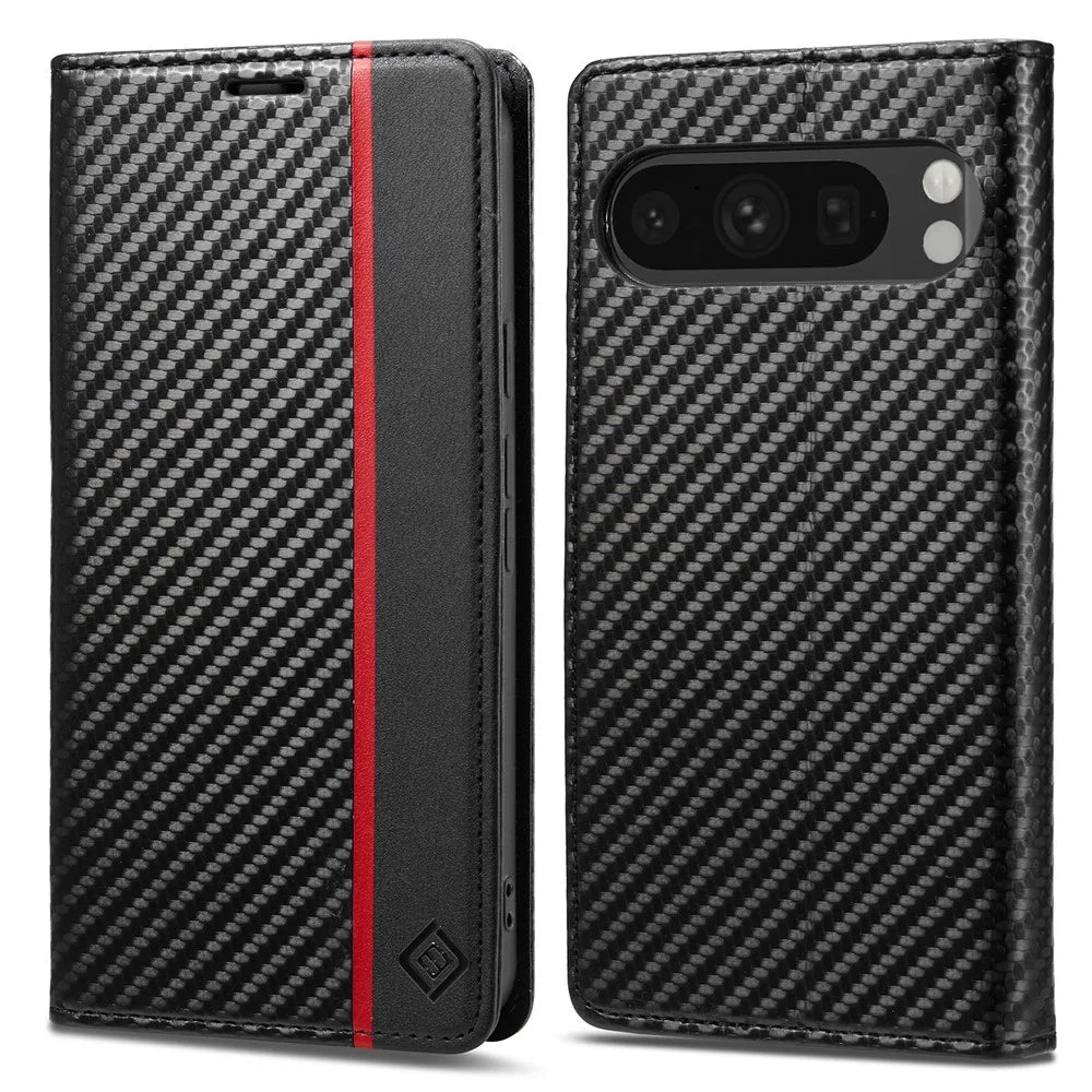 LC.IMEEKE For Google Pixel 10 Pro / 10 / 9 Pro / 9 Wallet Case Carbon Fiber Texture Leather Phone Cover - Vertical Stripe - 1