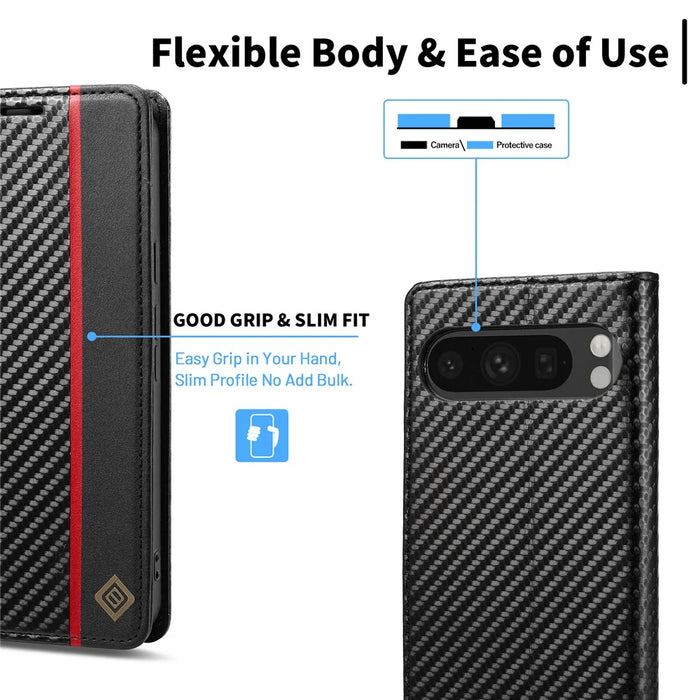 LC.IMEEKE For Google Pixel 10 Pro / 10 / 9 Pro / 9 Wallet Case Carbon Fiber Texture Leather Phone Cover - Vertical Stripe - 4