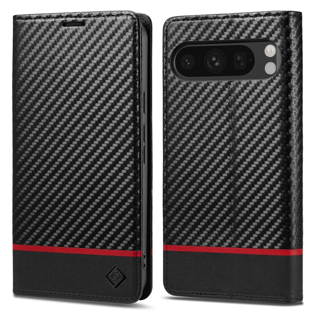 LC.IMEEKE For Google Pixel 10 Pro XL Wallet Case Carbon Fiber Texture Leather Phone Cover - Horizontal Stripe - 1