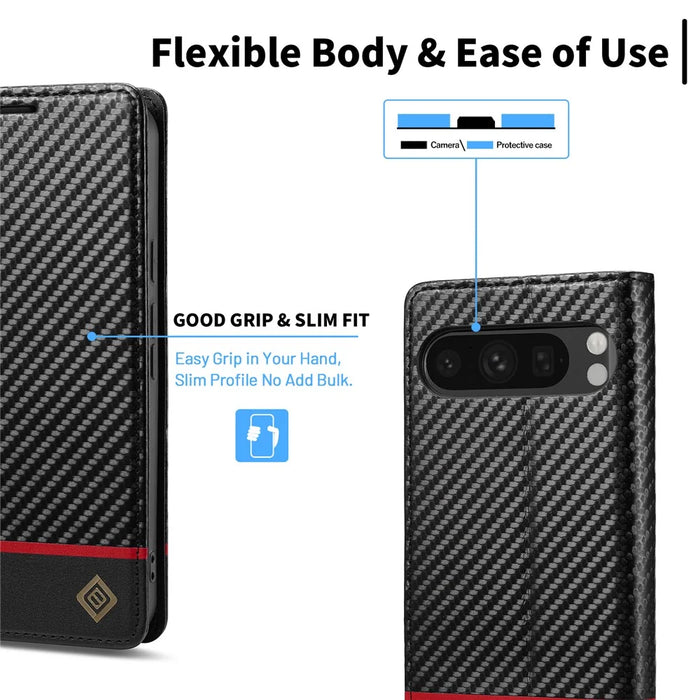 LC.IMEEKE For Google Pixel 10 Pro XL Wallet Case Carbon Fiber Texture Leather Phone Cover - Horizontal Stripe - 5