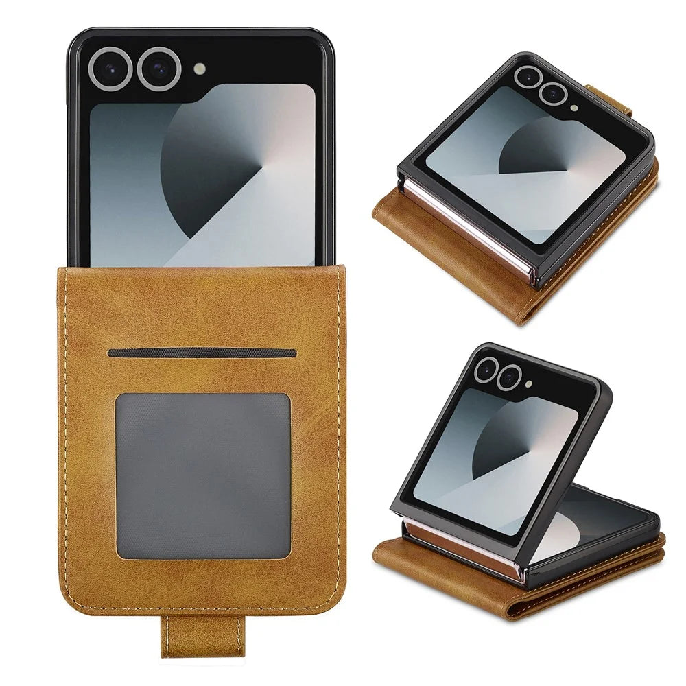 LC.IMEEKE For Samsung Galaxy Z Flip7 5G Case Card Holder Calf Texture PU Leather Folding Phone Cover - Yellow - 1