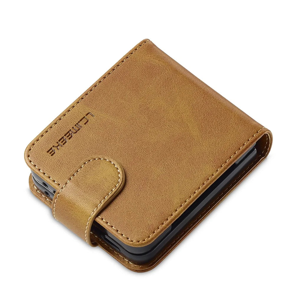 LC.IMEEKE For Samsung Galaxy Z Flip7 5G Case Card Holder Calf Texture PU Leather Folding Phone Cover - Yellow - 6