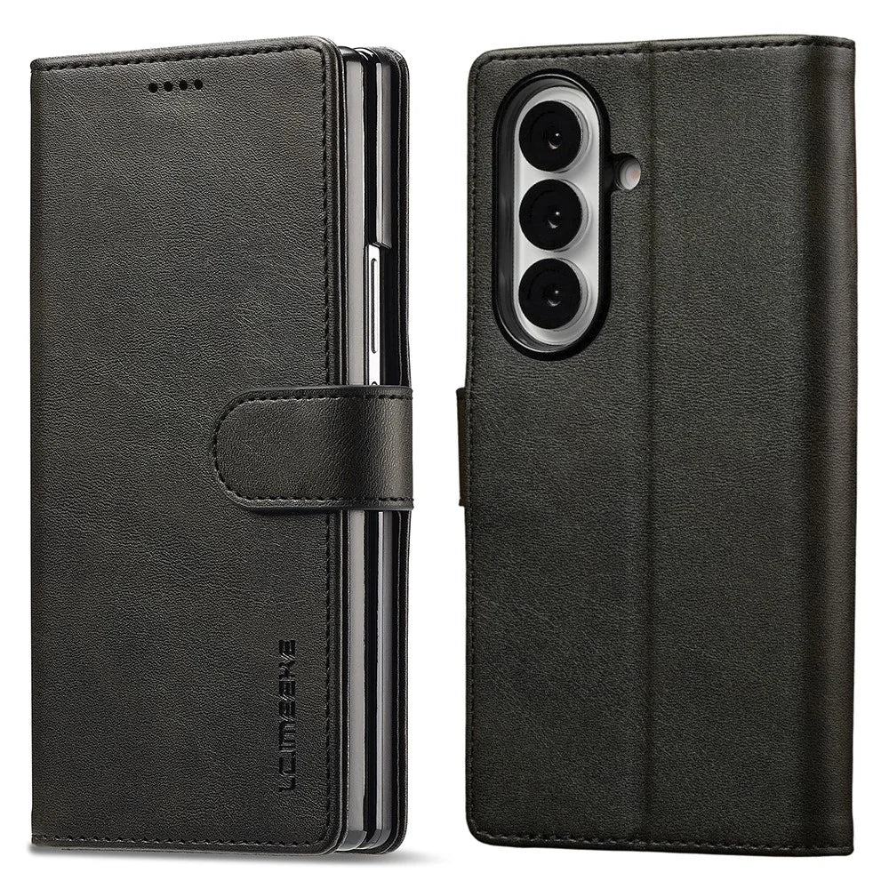 LC.IMEEKE For Samsung Galaxy Z Fold7 5G Case Calf Texture PU Leather Stand Wallet Phone Cover - Black - 1