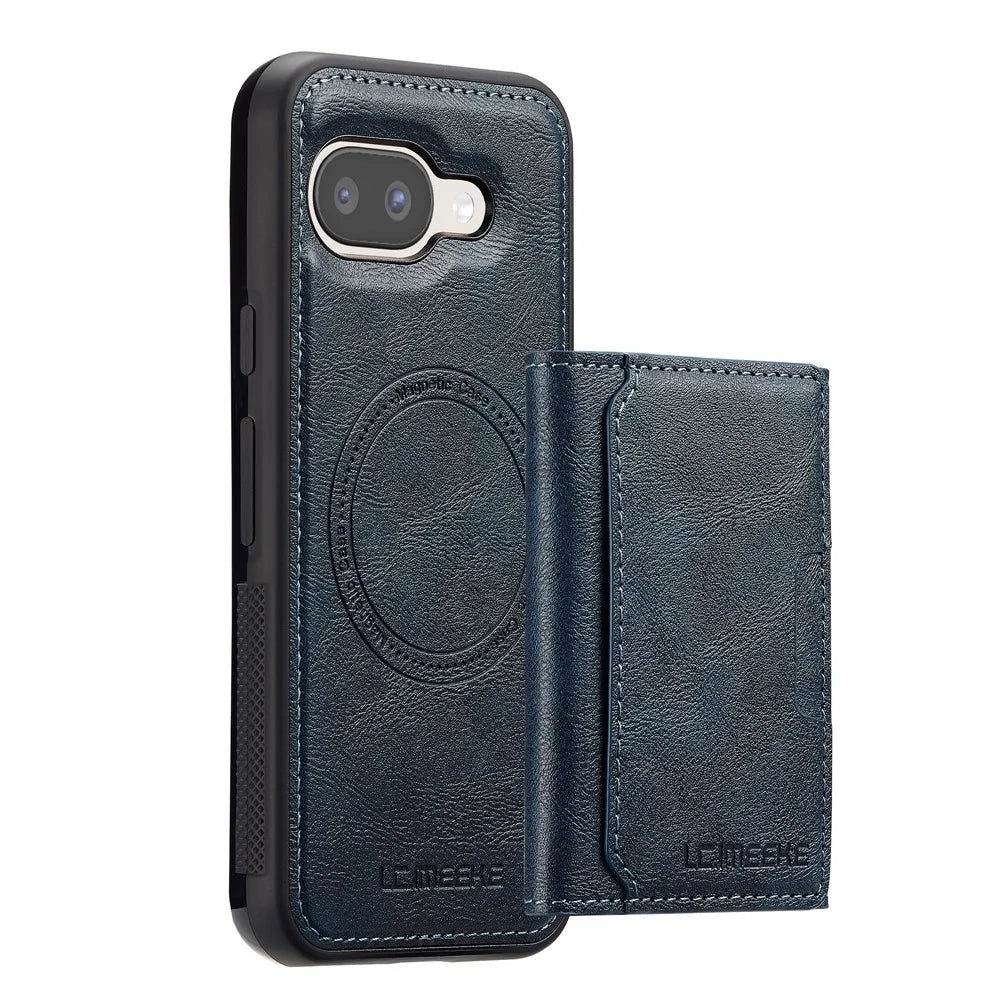 LC.IMEEKE L5 For Google Pixel 9a Magnetic Phone Case Leather Back Cover with Detachable Card Holder - Blue - 1