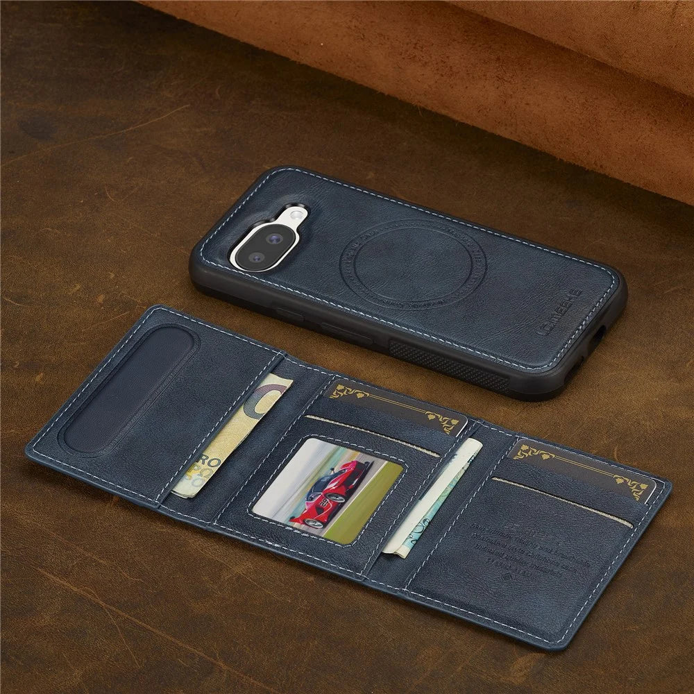 LC.IMEEKE L5 For Google Pixel 9a Magnetic Phone Case Leather Back Cover with Detachable Card Holder - Blue - 7