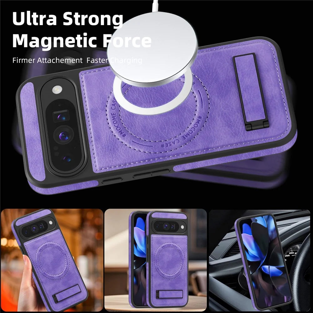 For Google Pixel 10 Pro  /  Pixel 10 Magnetic Case with Folded Kickstand PC Silicone Leather Phone Back Cover - Light Purple - 4