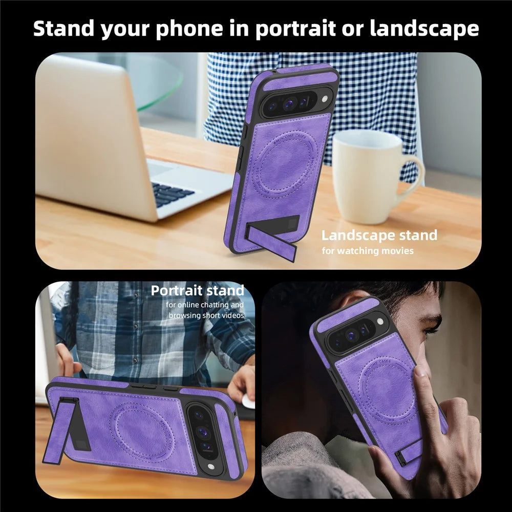 For Google Pixel 10 Pro  /  Pixel 10 Magnetic Case with Folded Kickstand PC Silicone Leather Phone Back Cover - Light Purple - 7