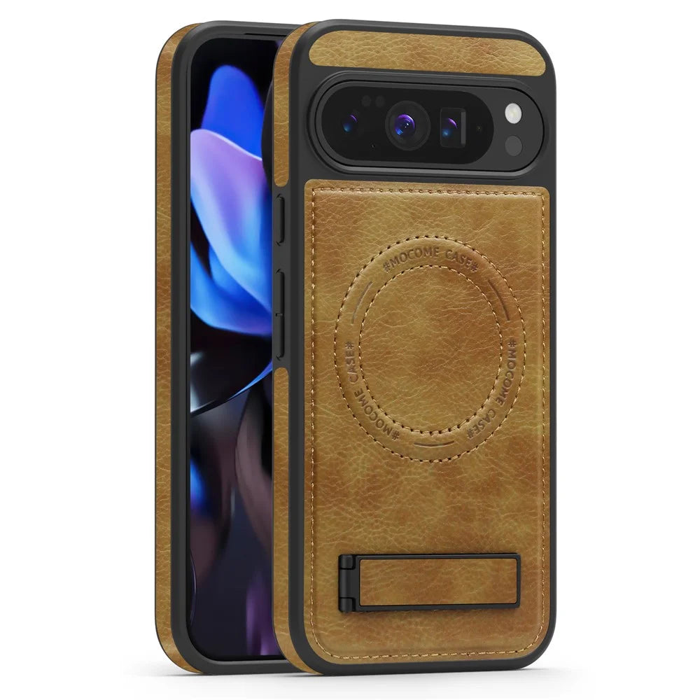 For Google Pixel 10 Pro XL Magnetic Case with Folded Kickstand PC Silicone Leather Phone Back Cover - Brown - 1