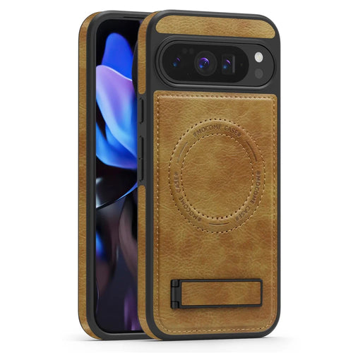 For Google Pixel 10 Pro XL Magnetic Case with Folded Kickstand PC Silicone Leather Phone Back Cover - Brown - 1