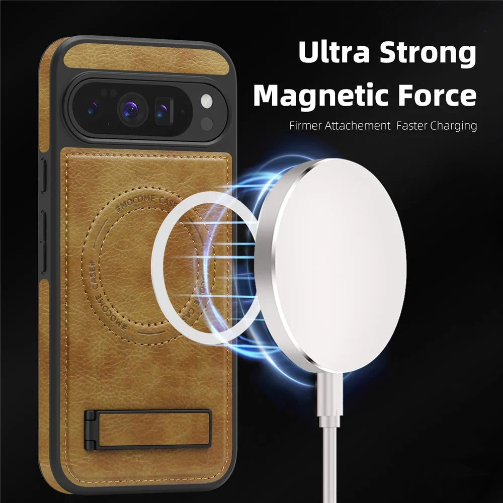 For Google Pixel 10 Pro XL Magnetic Case with Folded Kickstand PC Silicone Leather Phone Back Cover - Brown - 2