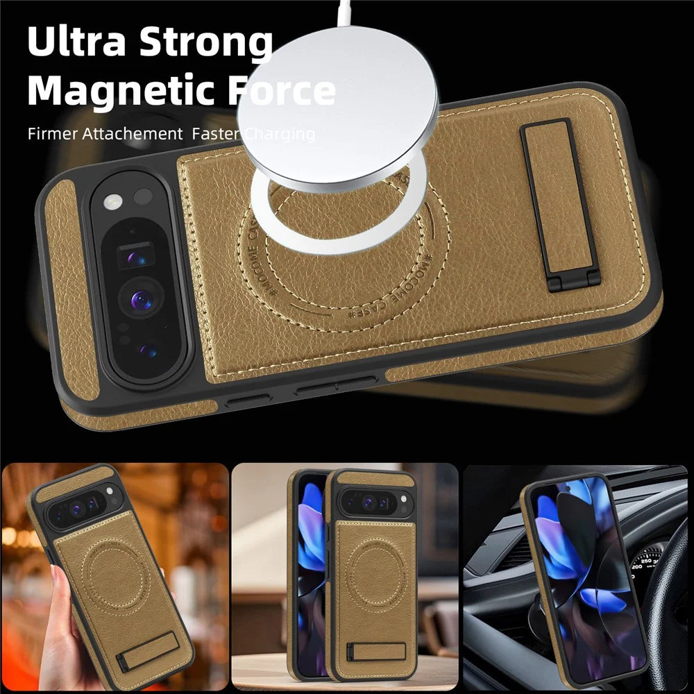 For Google Pixel 10 Pro XL Magnetic Case with Folded Kickstand PC Silicone Leather Phone Back Cover - Brown - 4