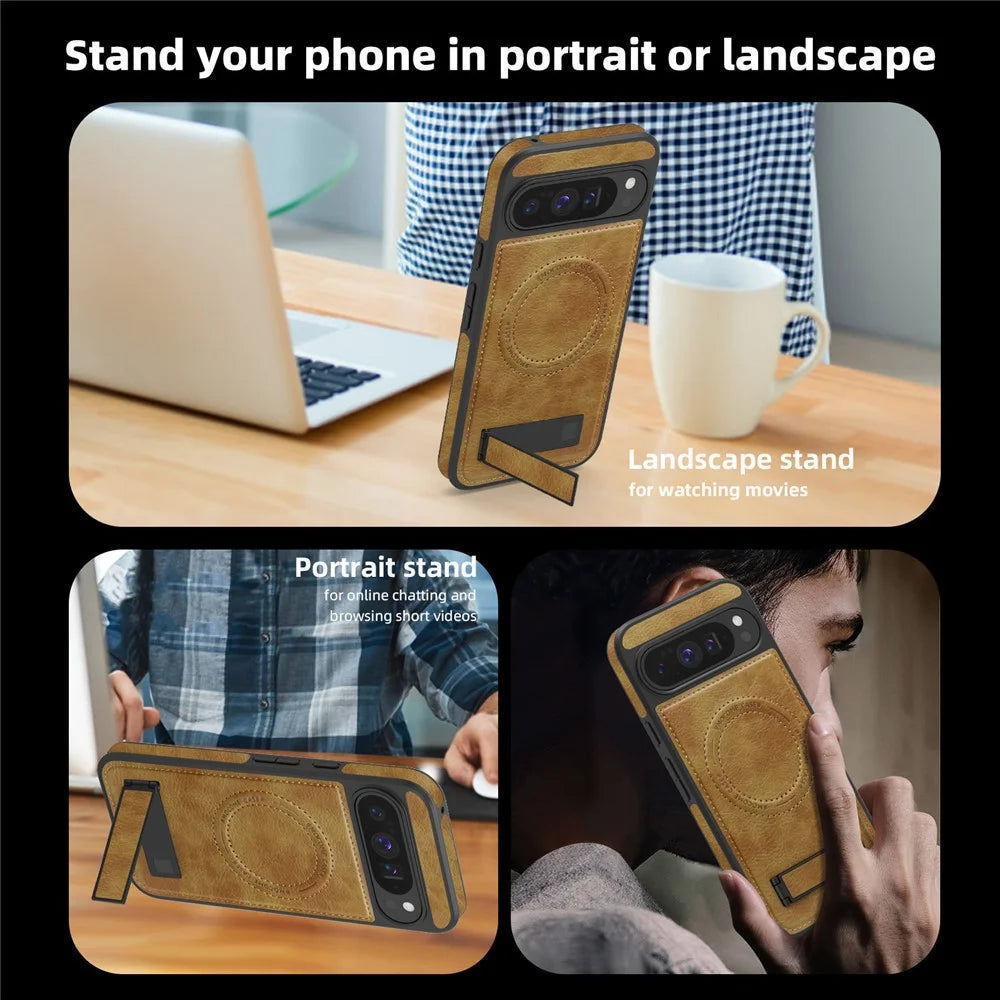 For Google Pixel 10 Pro XL Magnetic Case with Folded Kickstand PC Silicone Leather Phone Back Cover - Brown - 7