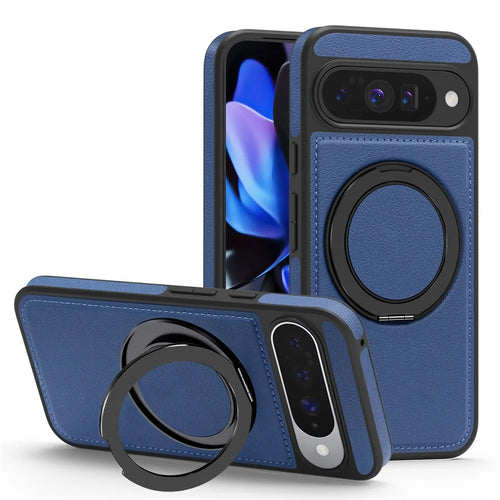 For Google Pixel 10 Pro  /  Pixel 10 Case with Ring Kickstand Magnetic Case PU Leather Back Cover - Sapphire - 1