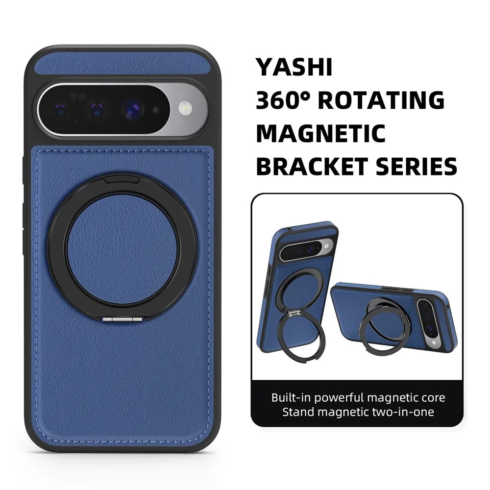For Google Pixel 10 Pro  /  Pixel 10 Case with Ring Kickstand Magnetic Case PU Leather Back Cover - Sapphire - 3