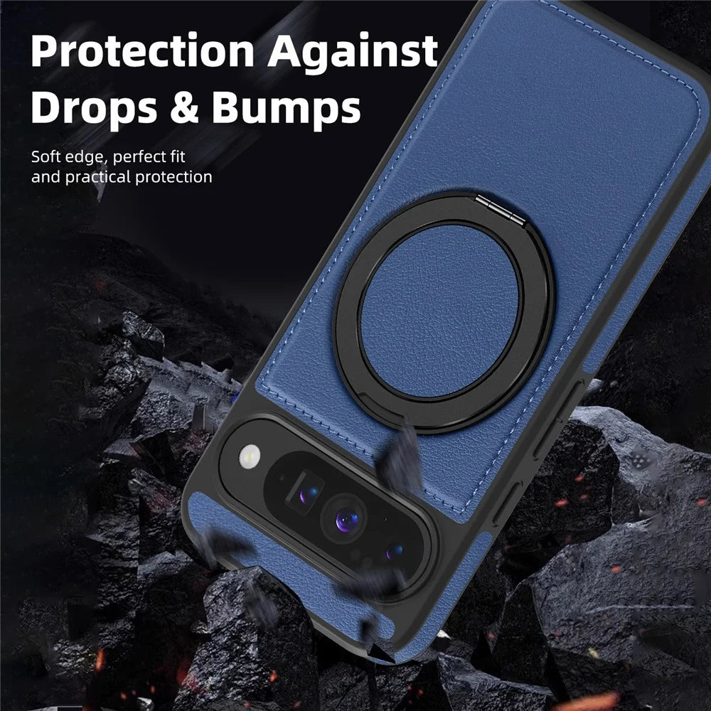 For Google Pixel 10 Pro  /  Pixel 10 Case with Ring Kickstand Magnetic Case PU Leather Back Cover - Sapphire - 4