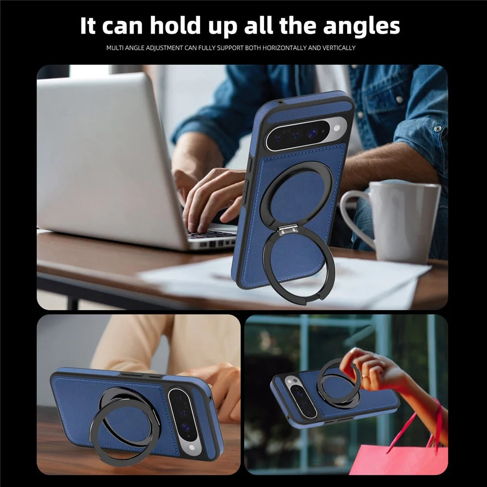 For Google Pixel 10 Pro  /  Pixel 10 Case with Ring Kickstand Magnetic Case PU Leather Back Cover - Sapphire - 5