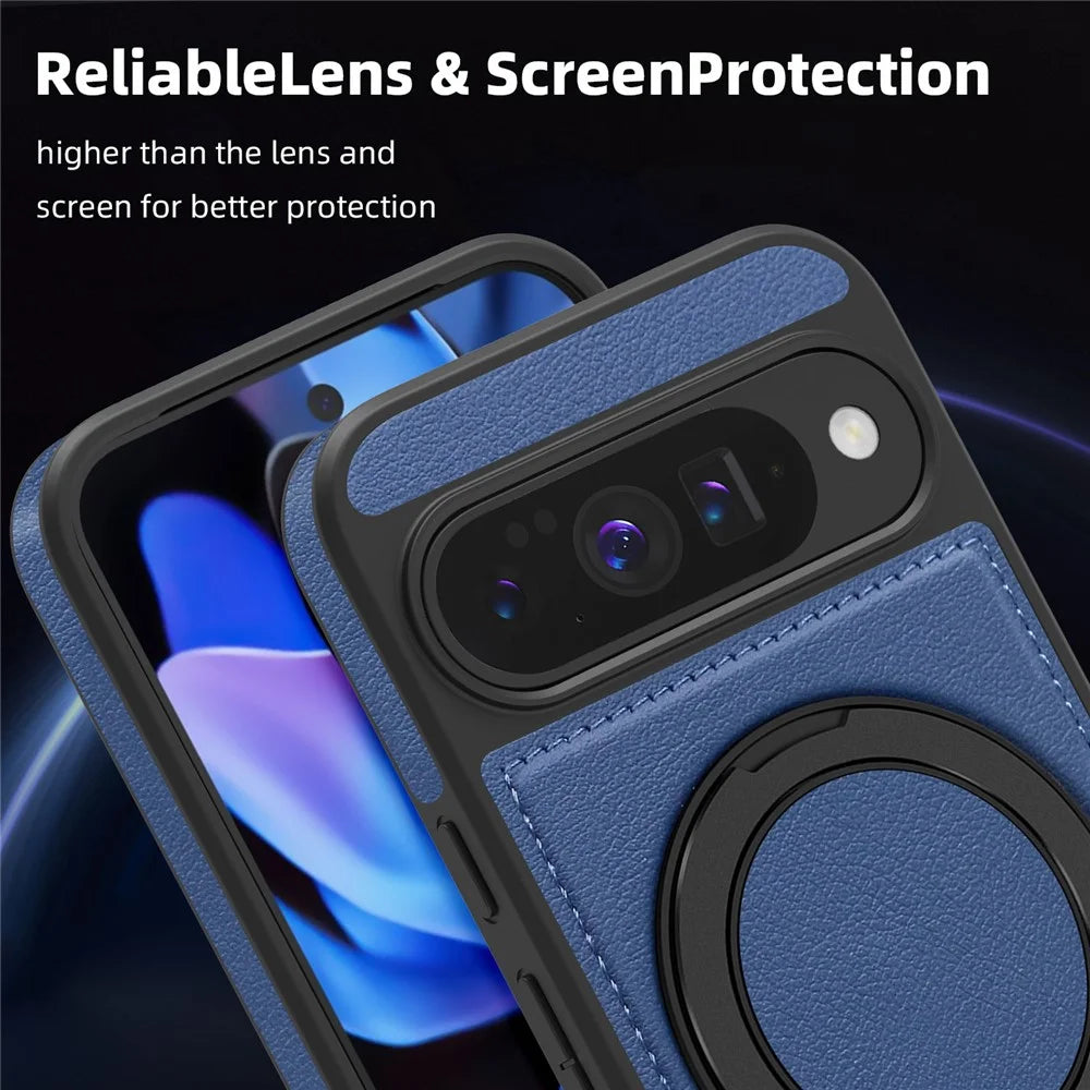 For Google Pixel 10 Pro  /  Pixel 10 Case with Ring Kickstand Magnetic Case PU Leather Back Cover - Sapphire - 6