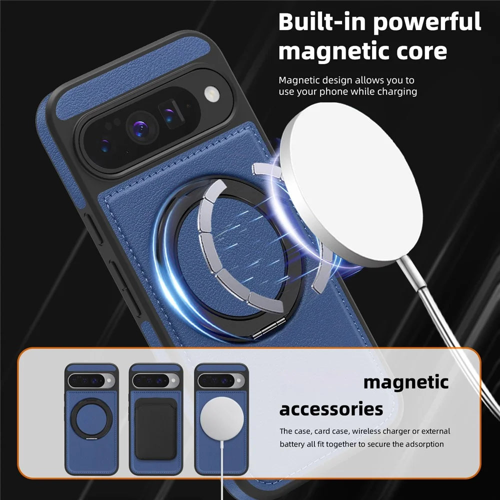 For Google Pixel 10 Pro  /  Pixel 10 Case with Ring Kickstand Magnetic Case PU Leather Back Cover - Sapphire - 7