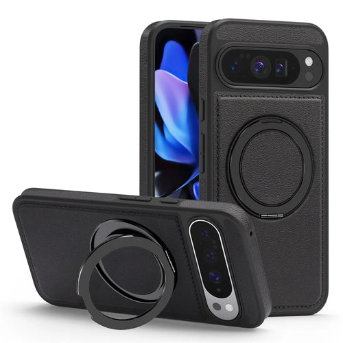 For Google Pixel 10 Pro XL Case with Ring Kickstand Magnetic Case PU Leather Back Cover - Blue - 1