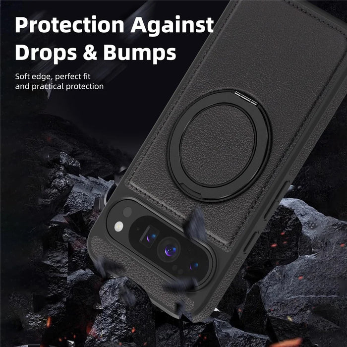 For Google Pixel 10 Pro XL Case with Ring Kickstand Magnetic Case PU Leather Back Cover - Blue - 4