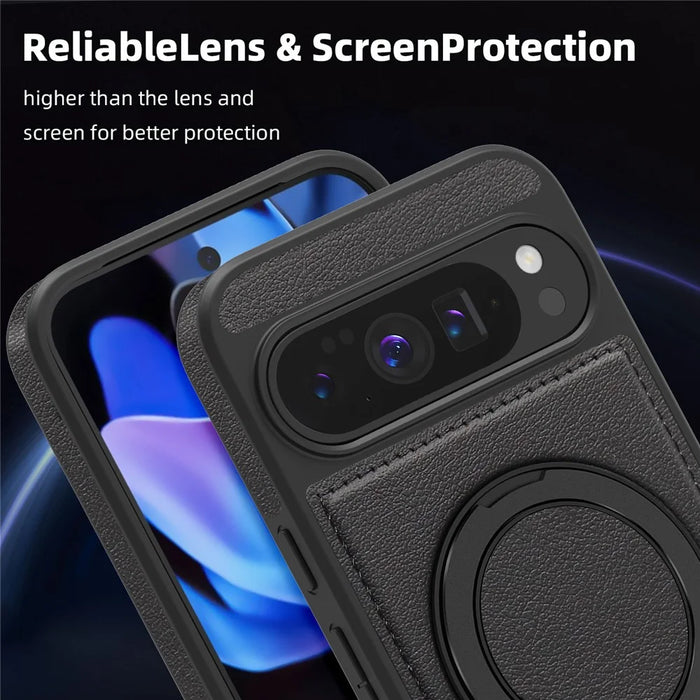 For Google Pixel 10 Pro XL Case with Ring Kickstand Magnetic Case PU Leather Back Cover - Blue - 6