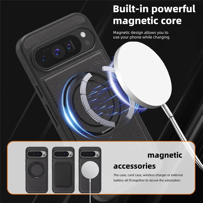 For Google Pixel 10 Pro XL Case with Ring Kickstand Magnetic Case PU Leather Back Cover - Blue - 7