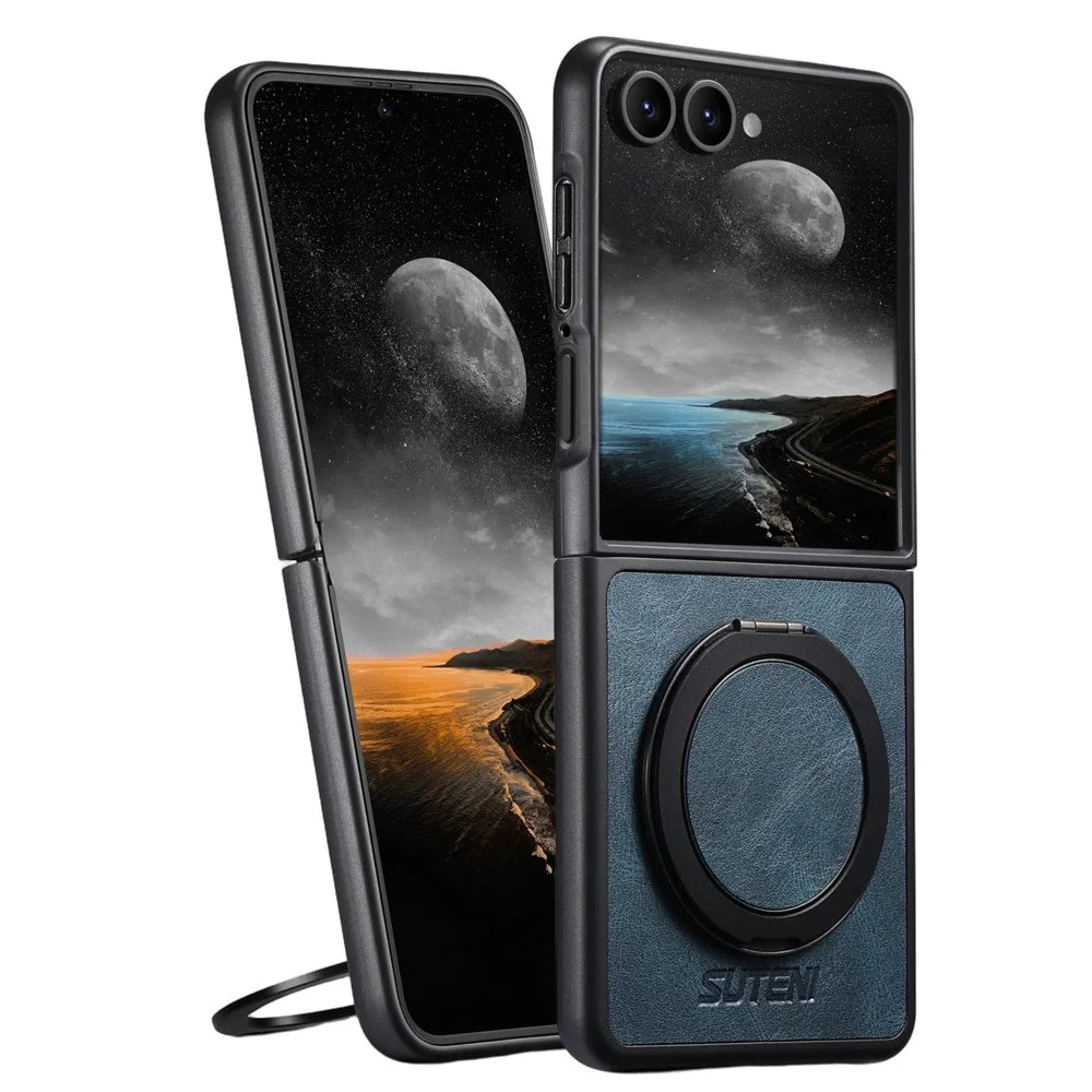 SUTENI G3 For Samsung Galaxy Z Flip7 5G Magnetic Case Waxy Texture Rotating Kickstand Leather Phone Back Cover - Blue - 1
