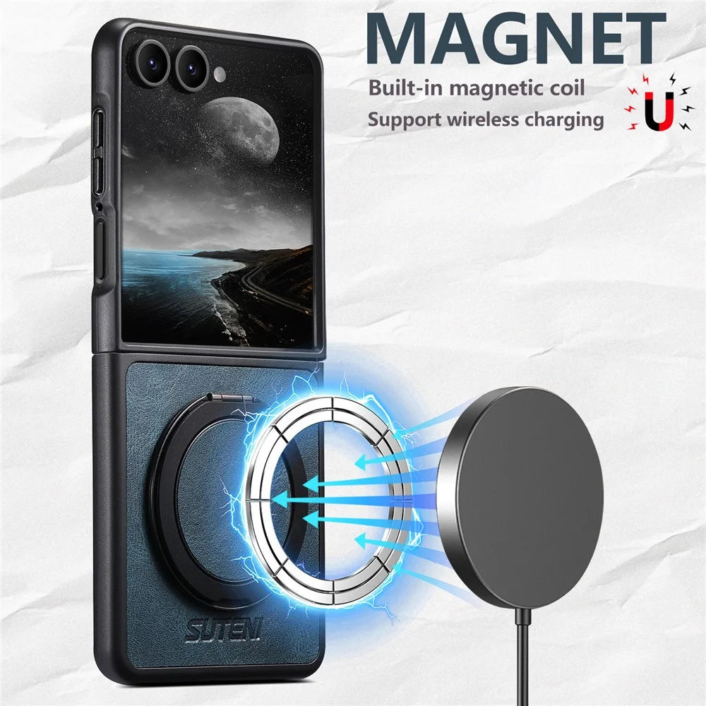 SUTENI G3 For Samsung Galaxy Z Flip7 5G Magnetic Case Waxy Texture Rotating Kickstand Leather Phone Back Cover - Blue - 3
