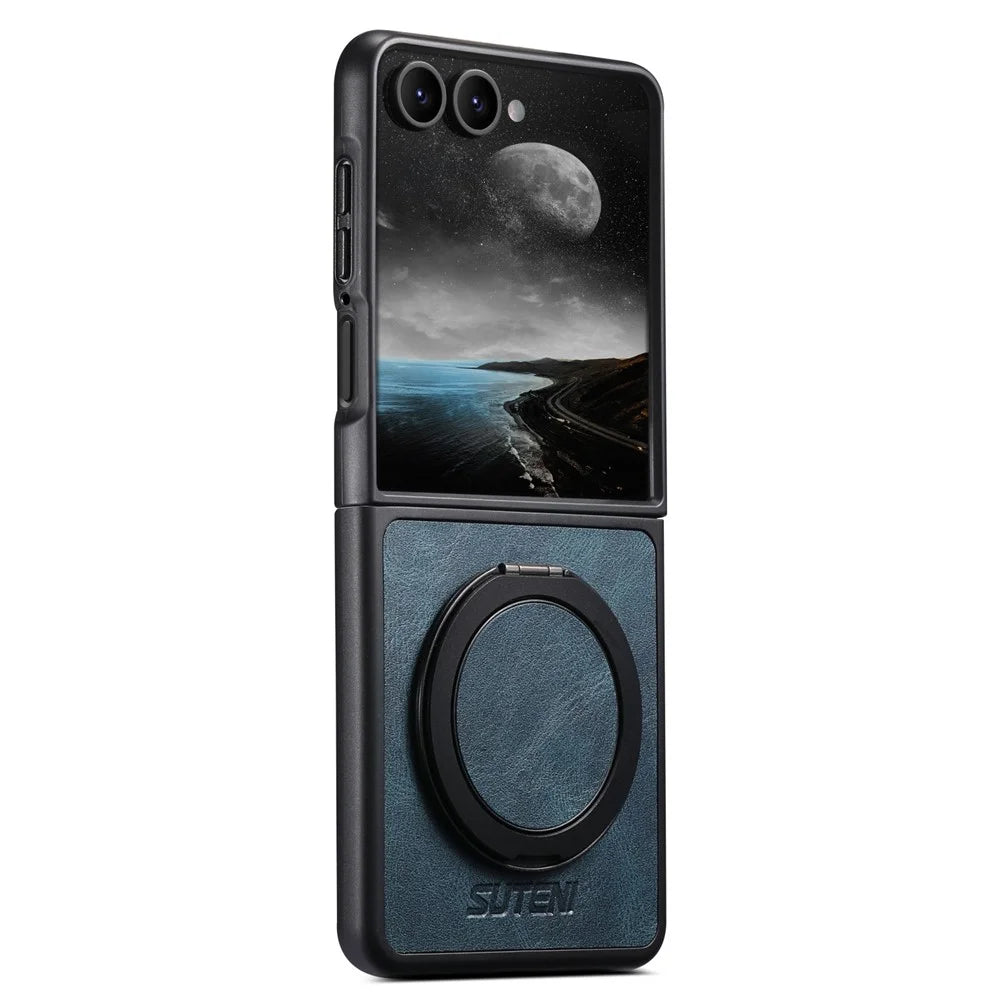 SUTENI G3 For Samsung Galaxy Z Flip7 5G Magnetic Case Waxy Texture Rotating Kickstand Leather Phone Back Cover - Blue - 6