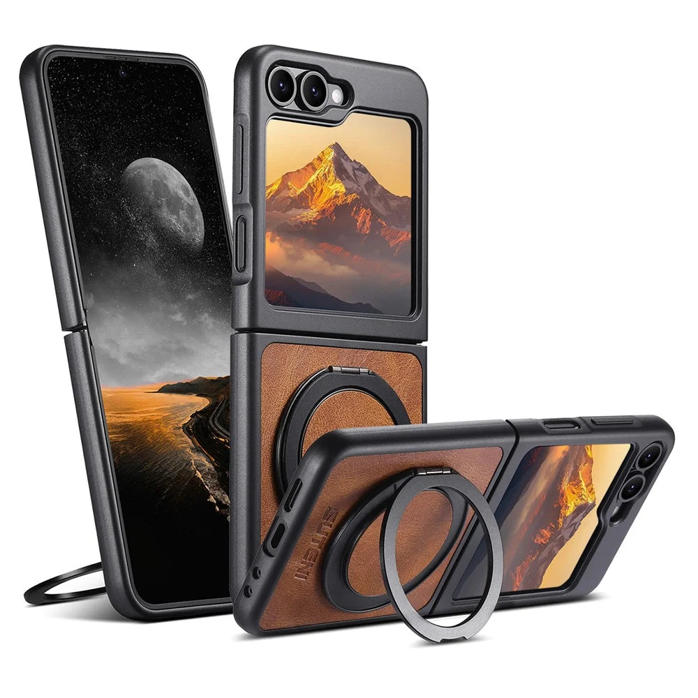 SUTENI G3 For Samsung Galaxy Z Flip7 FE 5G / Z Flip6 5G Magnetic Case Waxy Texture Rotating Kickstand Leather Phone Back Cover - Brown - 1