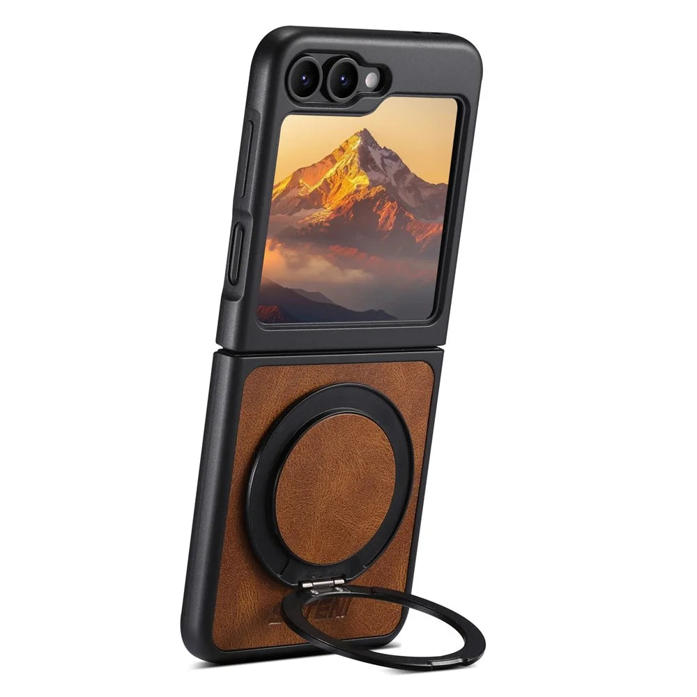 SUTENI G3 For Samsung Galaxy Z Flip7 FE 5G / Z Flip6 5G Magnetic Case Waxy Texture Rotating Kickstand Leather Phone Back Cover - Brown - 2