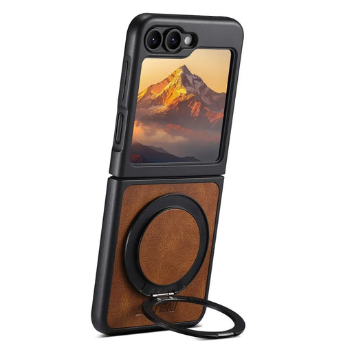 SUTENI G3 For Samsung Galaxy Z Flip7 FE 5G / Z Flip6 5G Magnetic Case Waxy Texture Rotating Kickstand Leather Phone Back Cover - Brown - 2