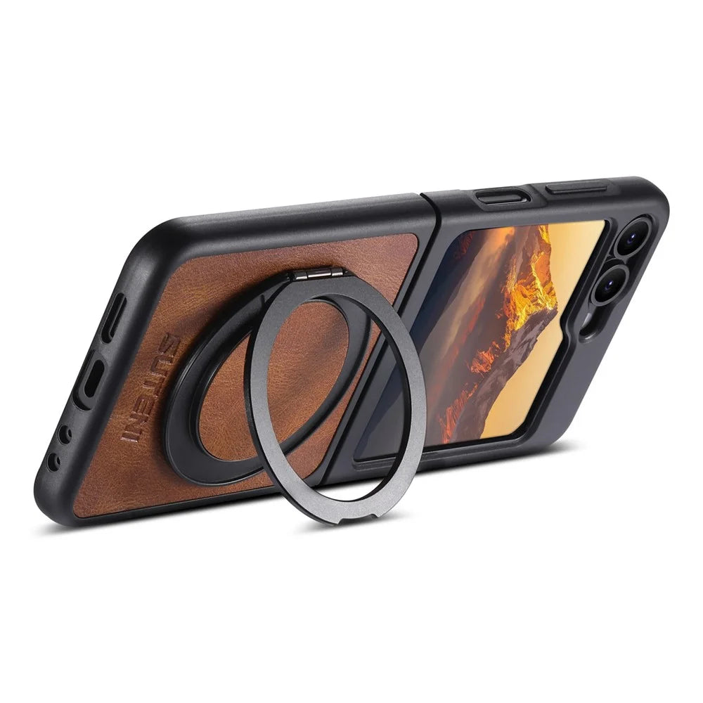 SUTENI G3 For Samsung Galaxy Z Flip7 FE 5G / Z Flip6 5G Magnetic Case Waxy Texture Rotating Kickstand Leather Phone Back Cover - Brown - 3