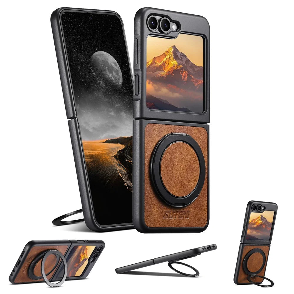 SUTENI G3 For Samsung Galaxy Z Flip7 FE 5G / Z Flip6 5G Magnetic Case Waxy Texture Rotating Kickstand Leather Phone Back Cover - Brown - 5