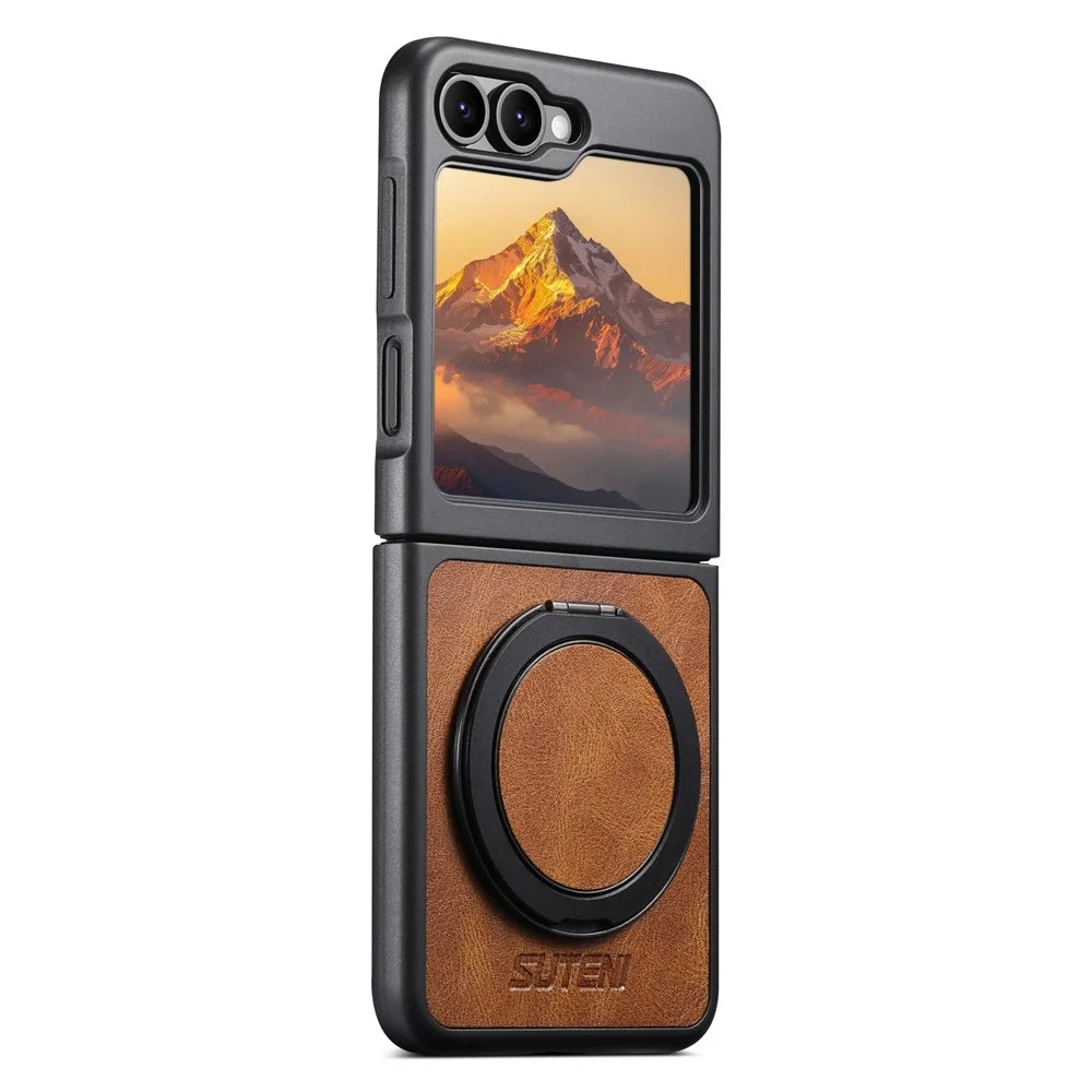 SUTENI G3 For Samsung Galaxy Z Flip7 FE 5G / Z Flip6 5G Magnetic Case Waxy Texture Rotating Kickstand Leather Phone Back Cover - Brown - 6